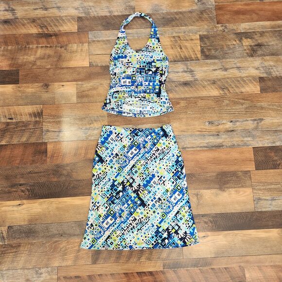 90s/Early 2000s Vtg Halter Top & Skirt Set Geometric Beach Party Summer Outfit - Picture 2 of 8